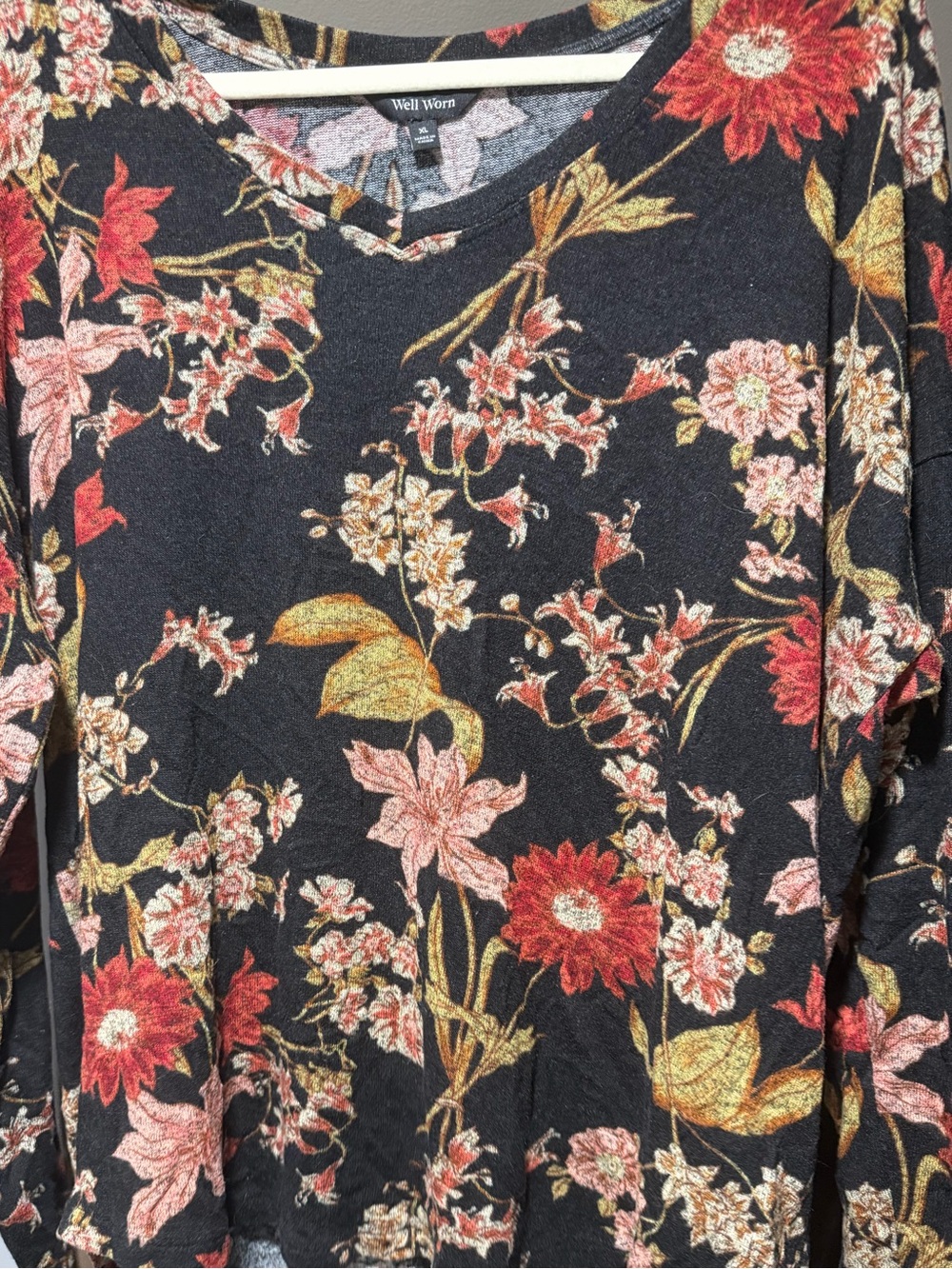 Floral High-Low Top – Women’s XL – Black Long Sleeve Boho Blouse by Well Worn - Picture 3 of 5